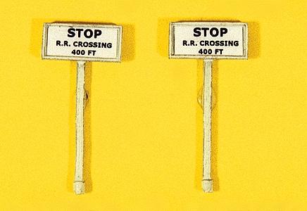 JL Innovative 839 HO Scale Custom Railroad Right-of-Way Signs -- Stop Railroad Crossing 400 Feet pkg(2)