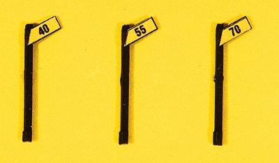 JL Innovative 844 HO Scale Custom Railroad Right-of-Way Signs -- High Speed Signs 40, 55 & 70MPH - Angled Style pkg(3)