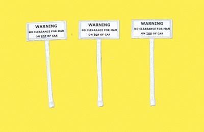 JL Innovative 850 HO Scale Custom Railroad Right-of-Way Signs -- No Clearance Man on Top of Car pkg(3)