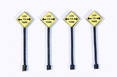 JL Innovative 855 HO Scale Custom Railroad Right-of-Way Signs -- Look for Trains pkg(4)