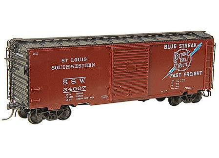 Kadee 5024 HO Scale Pullman-Standard PS-1 40' Boxcar with 8' Door - Ready to Run -- Cotton Belt SSW 34007 (1951, Boxcar Red, black, Blue Streak Logo)