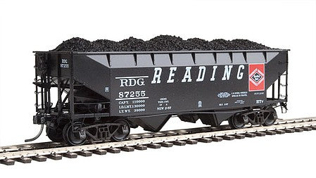 Kadee 7523 HO Scale 50-Ton AAR Standard Offset 2-Bay Open Hopper with Coal Load - Ready to Run -- Reading 87255 (As-Delivered 1957, black, red, Diamond Logo)
