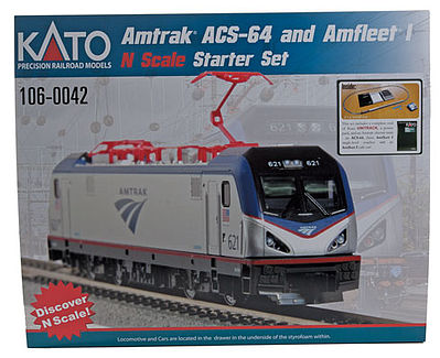 Kato 1060042 N Scale Amtrak ACS-64 Amfleet I Starter Set -- Amtrak (Phase VI Scheme) Loco, 3 Amfleet I Coaches & Cafe, Track & Pack