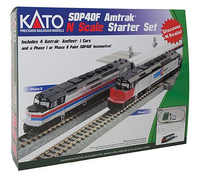 Kato 1060043 N Scale EMD SDP40F Starter Set - Standard DC -- Amtrak (Phase I), 4 Amfleet Cars, Unitrack Oval & Power Pack