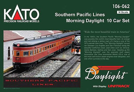 Kato 106063 N Scale Morning Daylight Streamlined 10-Car Set - Ready to Run -- Southern Pacific (1940 As-Delivered, red, orange, black, Lines Lettering)