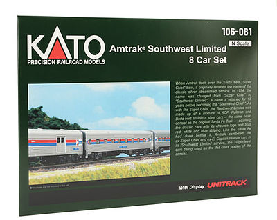 Kato 106081 N Scale Amtrak Southwest Limited 8-Car Set w/Display Unitrack -- Amtrak (Phase I; silver, Wide red & blue Stripes, Arrow Logo)
