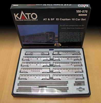Kato 1060841 N Scale El Capitan 10-Car Passenger Set with Interior Lighting - Ready to Run -- Santa Fe (2019 Roadnumbers, silver)