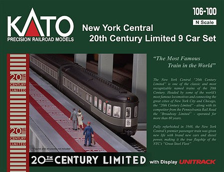 Kato 1061001 N Scale 20th Century Limited 9-Car Lighted Set - Ready to Run -- New York Central (Late 1940s 2-Tone Gray)