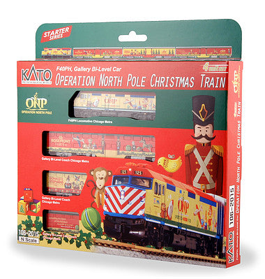 Kato 1062015 N Scale Operation North Pole Christmas Train-Only Set - Standard DC -- Metra F40PH & 3 Bi-Level Commuter Cars (2015 ONP Scheme; red, yellow, green)