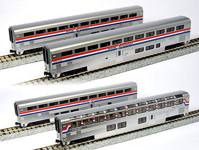 Kato 1063518 N Scale Amtrak Superliner 4-Car Set B - Ready to Run -- Coach #34051, Coach #34085, Lounge #33008, Sleeper #32044 (Phase III)