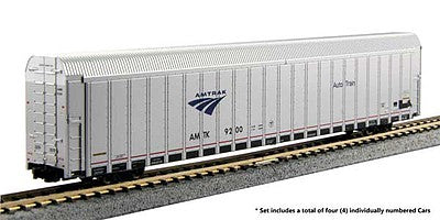Kato 1065506 N Scale Aluminum Enclosed Auto Carrier 4-Pack - Ready to Run -- Amtrak (Set #4 Phase V Auto Train; silver, blue, red; Travelscape Logo)