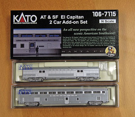 Kato 10671171 N Scale El Capitan Coach and Storage Mail Car Set with Interior Lights - Ready to Run -- Santa Fe (2019 Roadnumbers, silver)