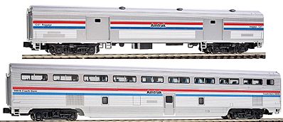 Kato 1067122 N Scale Hi-Level Step-Down Coach/73' Baggage Set - Ready to Run -- Amtrak #39919, 1241 (Phase III, silver, Equal red, white, blue Stripes)