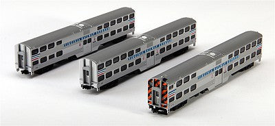 Kato 1068706 N Scale Gallery Bi-Level Commuter Train 3-Car Set -- Virginia Railway Express Coaches #V807, V800 & Cab Car #V710 (silver, blue)