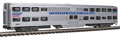 Kato 1560946 N Scale Streamlined Nippon-Sharyo Gallery Bi-Level Commuter Coach - Ready to Run -- Virginia Railway Express #V818 (silver, blue, red, white)
