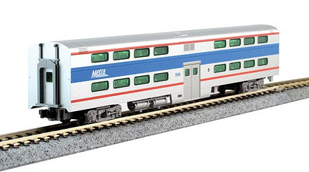 Kato 15609701 N Scale Pullman Gallery Bi-Level 4-Window Commuter Coach - Lighted - Ready to Run -- Metra Chicago 7836 (silver, blue, red)