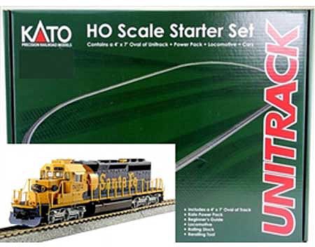 Kato 302011 HO Scale Freight Starter Set - Unitrack -- Santa Fe SD40-2 Mid, Maxi IV 3-Unit Well Car, Unitrack Oval & Pack