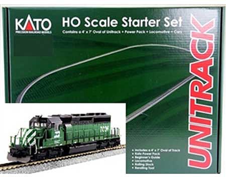 Kato 302012 HO Scale Freight Starter Set - Unitrack -- Burlington Northern SD40-2 Mid, Maxi IV 3-Unit Well Car, Unitrack Oval & Pac