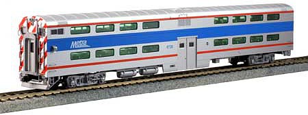 Kato 356027 HO Scale Pullman Bi-Level 4-Window Cab-Coach - Ready to Run -- Chicago Metra #8730 (silver, blue, red)