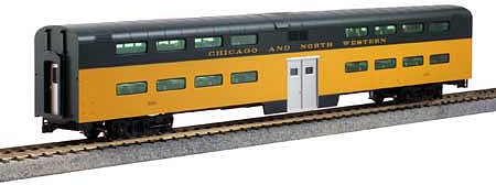 Kato 356037 HO Scale Pullman Bi-Level 4-Window Coach - Ready to Run -- Chicago & North Western (green, yellow)