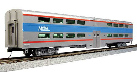 Kato 356038 HO Scale Pullman Bi-Level 4-Window Coach - Ready to Run -- Chicago Metra #7780 (silver, blue, red)