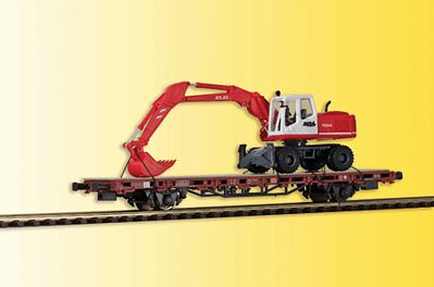Kibri 26258 HO Scale 2-Axle Flatcar w/Atlas Wheeled Excavator - Ready to Run -- Boxcar Red, Red & White Excavator
