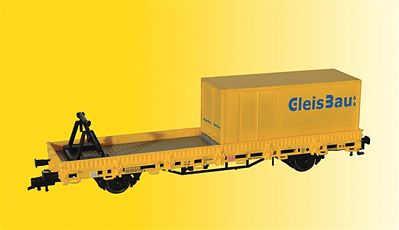 Kibri 26264 HO Scale Low-Side Car w/Container and Conveyor Support - Ready to Run -- German Federal Railroad DB/GleissBau (yellow, red)