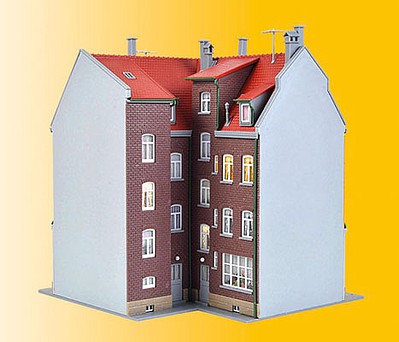 Kibri 38350 HO Scale Corner City House/Apartment w/LED Lighting -- Kit - 6-1/8 x 6-1/8 x 6-11/16" 15.5 x 15.5 x 17cm