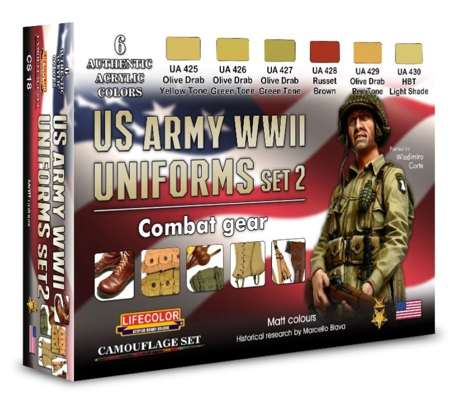 Lifecolor CS18 US Army WWII Combat Gear Uniforms #2 Camouflage Acrylic Set (6 22ml Bottles)
