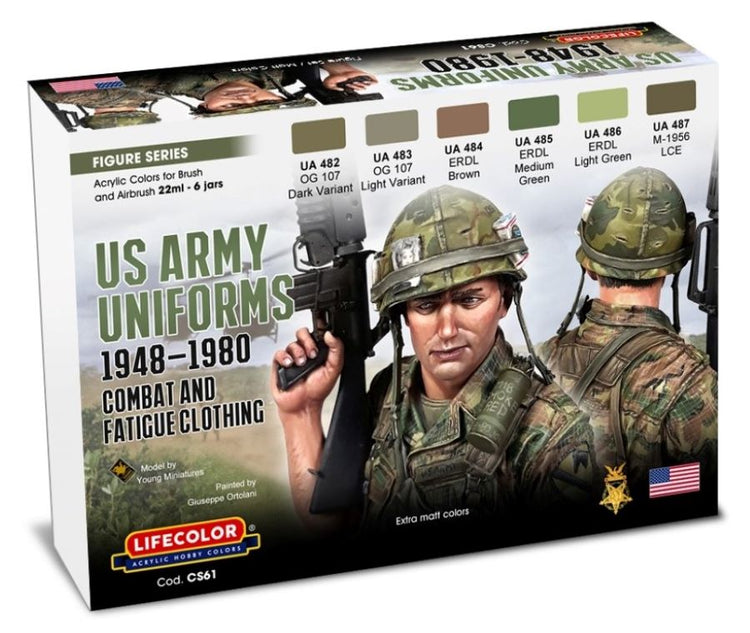 Lifecolor CS61 US Army Uniforms 1948-80 Combat & Fatigue Clothing Acrylic Set (6 22ml Bottles)