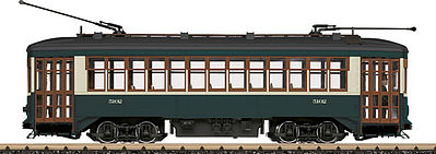 LGB 20382 G Scale 2-Truck Streetcar - Standard DC -- Philadelphia #5102 (green, cream)