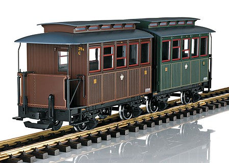 LGB 35097 G Scale Wood 2-Axle 2nd-3rd Class Paired Coach - Ready to Run -- Sachsische Staatseisenbahn S.St.E. (Era I, 1 brown, 1 green, gray)