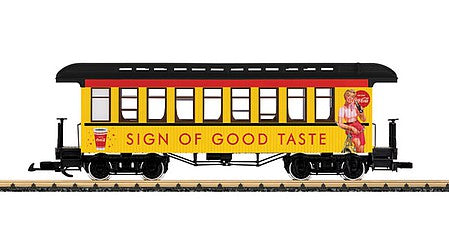LGB 36812 G Scale Wood Coach - Ready to Run -- Coca-Cola (yellow, red, black, Sign of Good Taste Slogan)