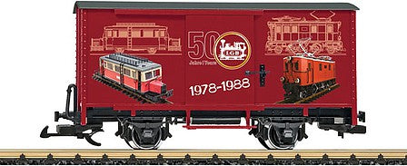 LGB 40502 G Scale 2-Axle Steel Boxcar - Ready to Run -- LGB 50th Anniversary (red, 1978-88 Model Graphics)