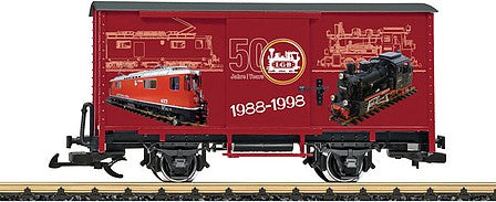 LGB 40503 G Scale 2-Axle Steel Boxcar - Ready to Run -- LGB 50th Anniversary (red, 1988-98 Model Graphics)