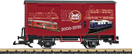 LGB 40505 G Scale 2-Axle Steel Boxcar - Ready to Run -- LGB 50th Anniversary (red, 2008-2018 Model Graphics)