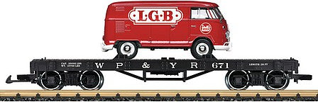 LGB 40597 G Scale 4-Axle Flatcar with VW Van Load - Ready to Run -- White Pass & Yukon 671 (black, red LGB Van)