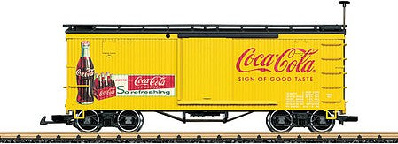 LGB 40672 G Scale Wood Boxcar - Ready to Run -- Coca-Cola (yellow, red, brown)