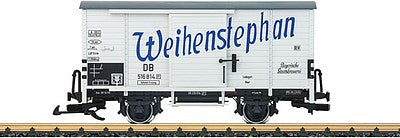 LGB 43357 G Scale Wood Beer Boxcar - Ready to Run -- Weihenstephan (Era III, white, blue)