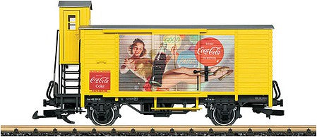 LGB 43359 G Scale 2-Axle Wood Reefer with Brakeman's Cab - Ready to Run -- Coca-Cola (yellow, red, color graphics)