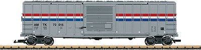 LGB 44931 G Scale 50' Exterior-Post Boxcar (Material Handling Car) - Ready to Run -- Amtrak #72015 (Phase III, silver, red, white, blue)