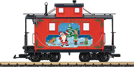 LGB 45652 G Scale Short Wood-Cupola Caboose - Ready to Run -- Christmas (red, blue, green, black; Santa, Elves, Christmas Tree)