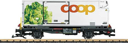 LGB 45899 G Scale Container Flatcar with Reefer Container - Ready to Run -- Rhaetian Railway RhB (Era VI, black; white Coop Container with Lettuce)