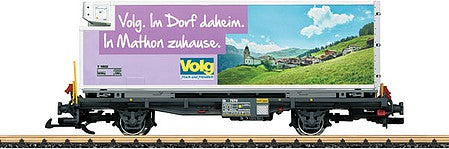 LGB 46895 G Scale Container Flatcar with Reefer Container - Ready to Run -- Rhaetian Railway RhB (Era VI, black with VOLG Konsumwaren Container)