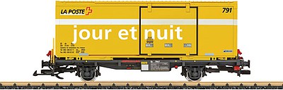LGB 47894 G Scale Container Flatcar w/Reefer Container - Ready to Run -- Rhaetian Railway RhB (Era VI, black; LaPosta #791 Container, yellow)