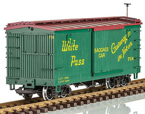 LGB 48675 G Scale Wood Boxcar - Ready to Run -- White Pass & Yukon #718 (green, yellow, Gateway to the Yukon Baggage Marking