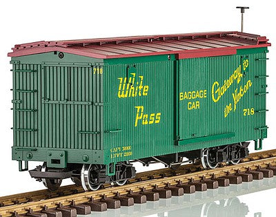 LGB 48675 G Scale Wood Boxcar - Ready to Run -- White Pass & Yukon #718 (green, yellow, Gateway to the Yukon Baggage Marking