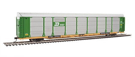 Walthers Proto 920-101323 HO Scale 89' Thrall Bi-Level Auto Carrier - Ready To Run -- Burlington Northern Rack, TTGX Flatcar #150517 (green, silver; yellow Flat)