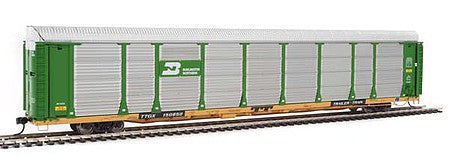 Walthers Proto 920-101324 HO Scale 89' Thrall Bi-Level Auto Carrier - Ready To Run -- Burlington Northern Rack, TTGX Flatcar #150850 (green, silver; yellow Flat)