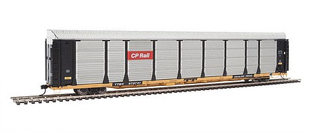 Walthers Proto 101327 HO Scale 89' Thrall Bi-Level Auto Carrier - Ready To Run -- Canadian Pacific Rack, TTGX Flatcar #970741 (black, silver; yellow Flat)